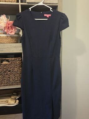 Betsey Johnson Navy Cap-Sleeve Midi Sheath Dress